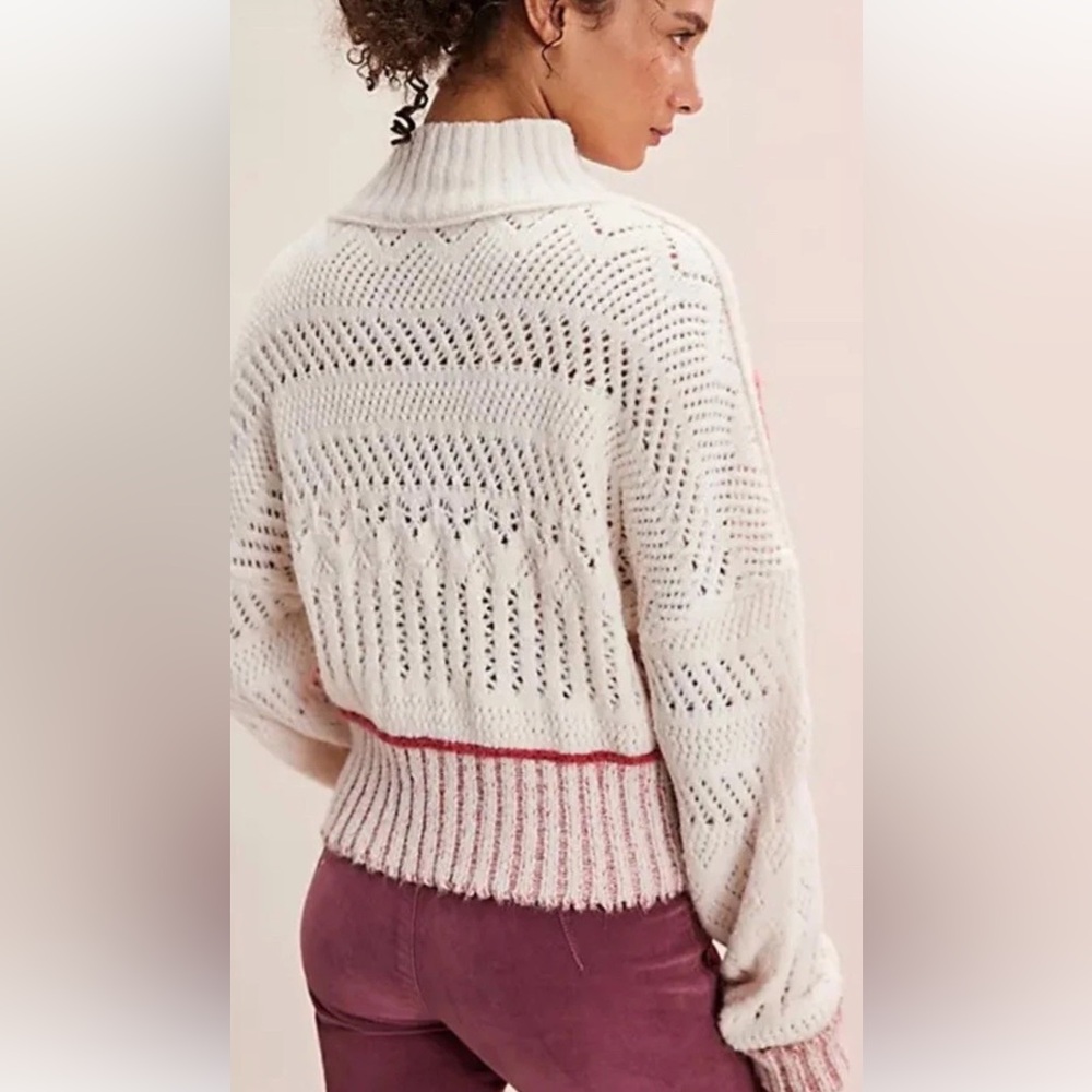 Free People Inge Pullover Sweater Floral Knit Crop Rib Trim Ivory Rose Combo - Picture 3 of 6